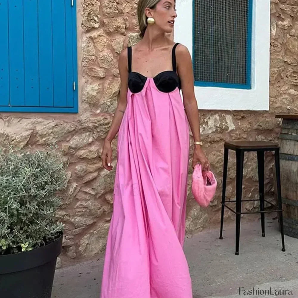 Backless Panelled Slip Maxi Dress Rose Red / S