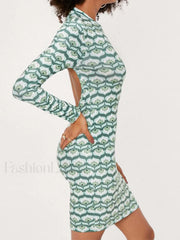 Backless Printed Long Sleeve Midi Dress Midi Dresses