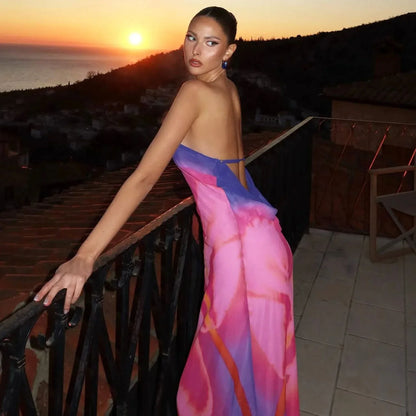 Backless Printed One Shoulder Strappy Maxi Dress