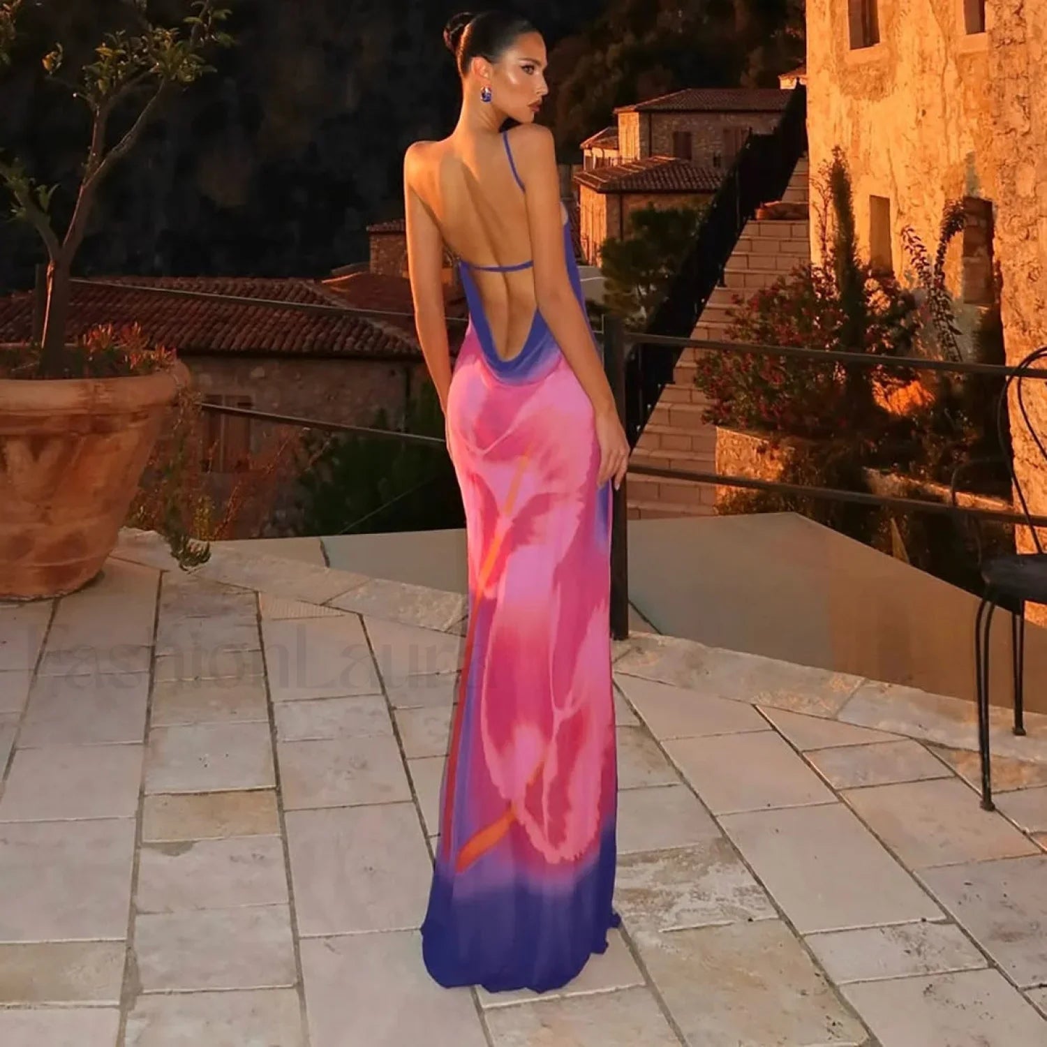 Backless Printed One Shoulder Strappy Maxi Dress