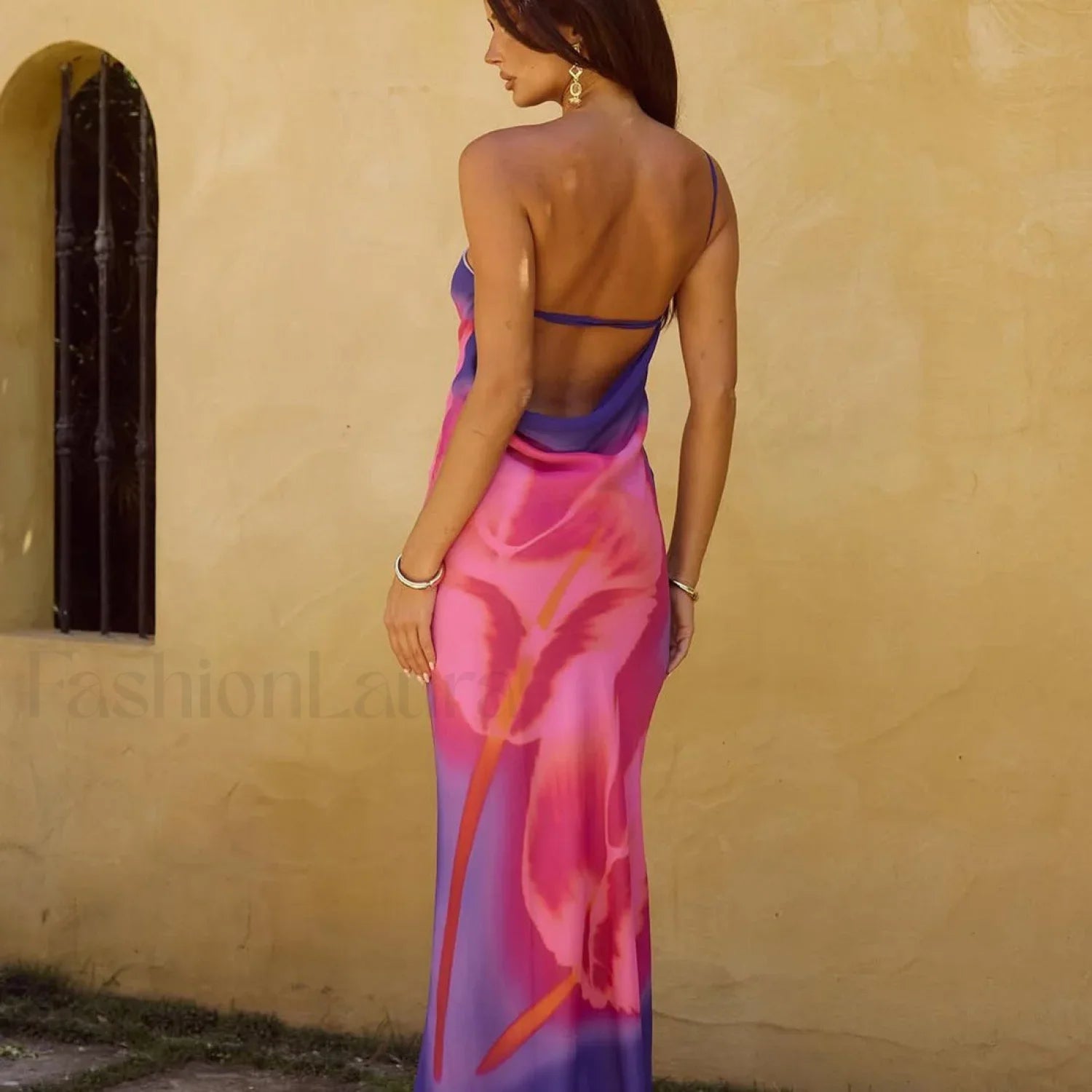 Backless Printed One Shoulder Strappy Maxi Dress