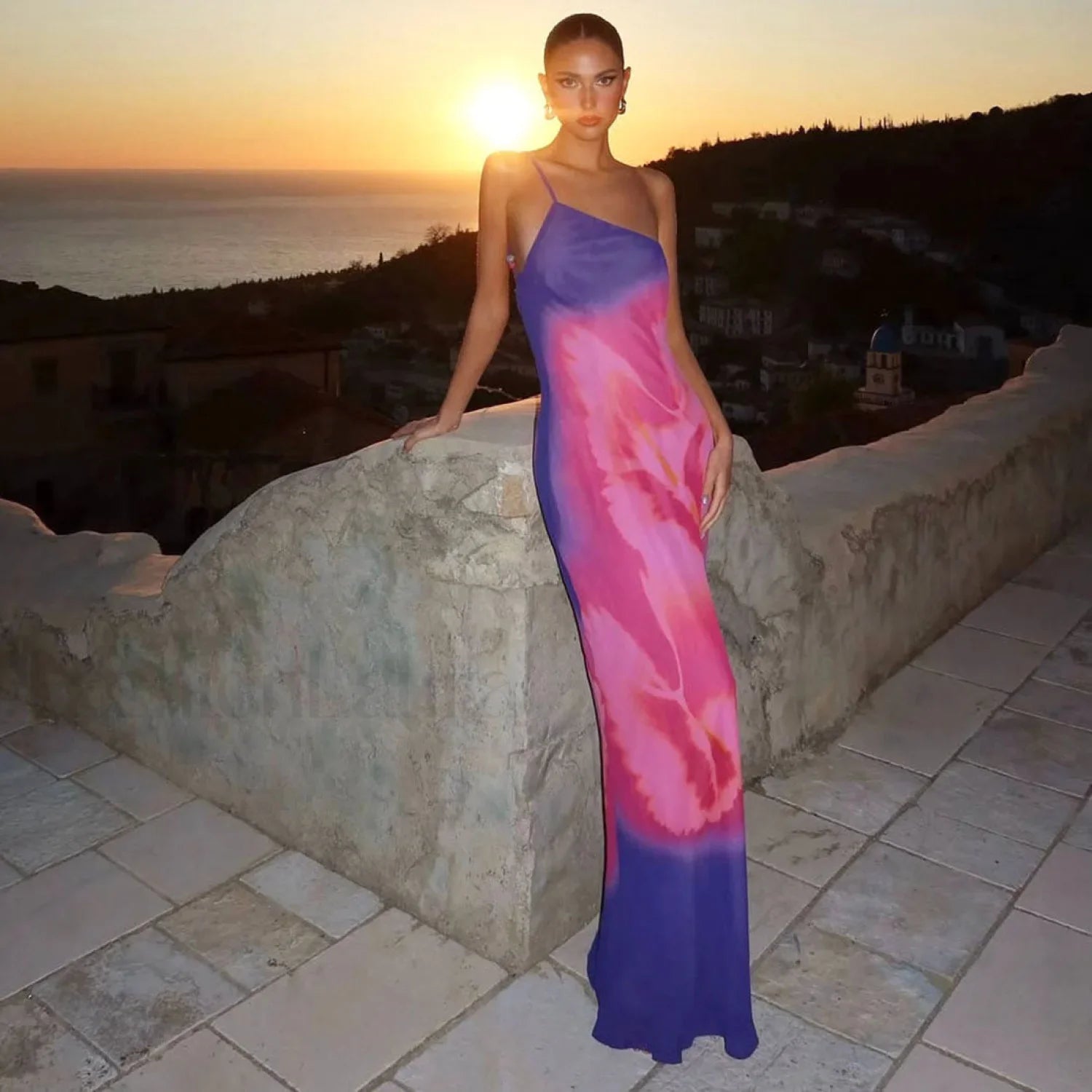 Backless Printed One Shoulder Strappy Maxi Dress Blue / S