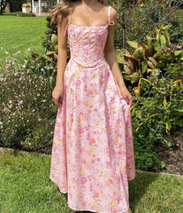 Backless Ribbed Spaghetti Floral Dress