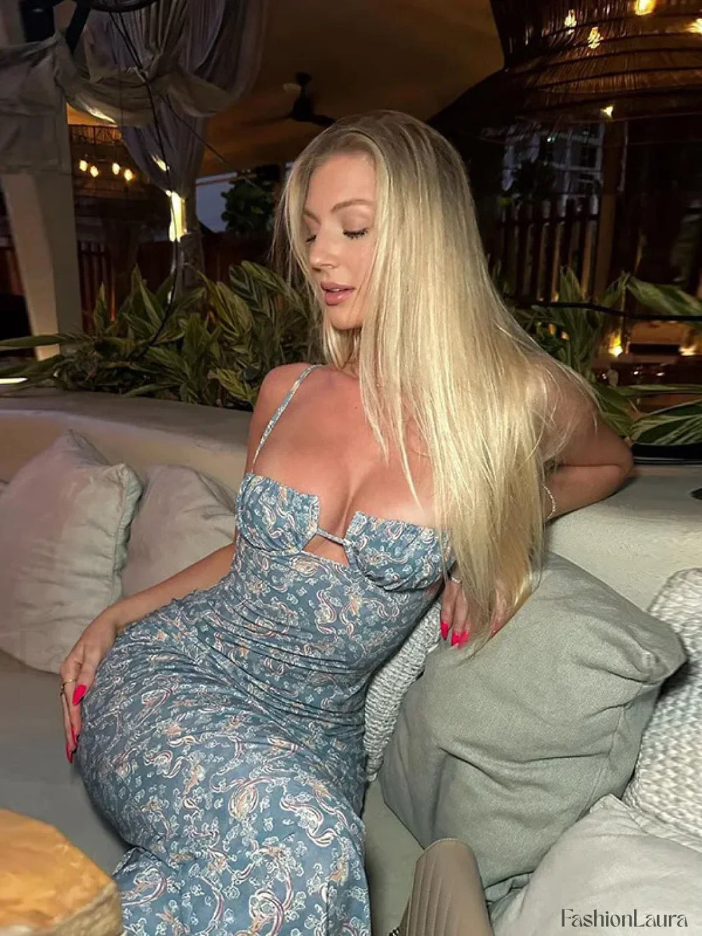 Backless Spaghetti Strap Floral Dress Blue / S