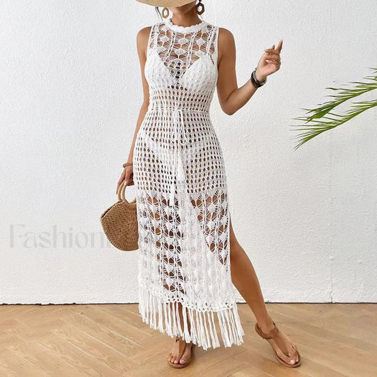 Backless Tassel Solid Dress Cover Up WHITE / One Size