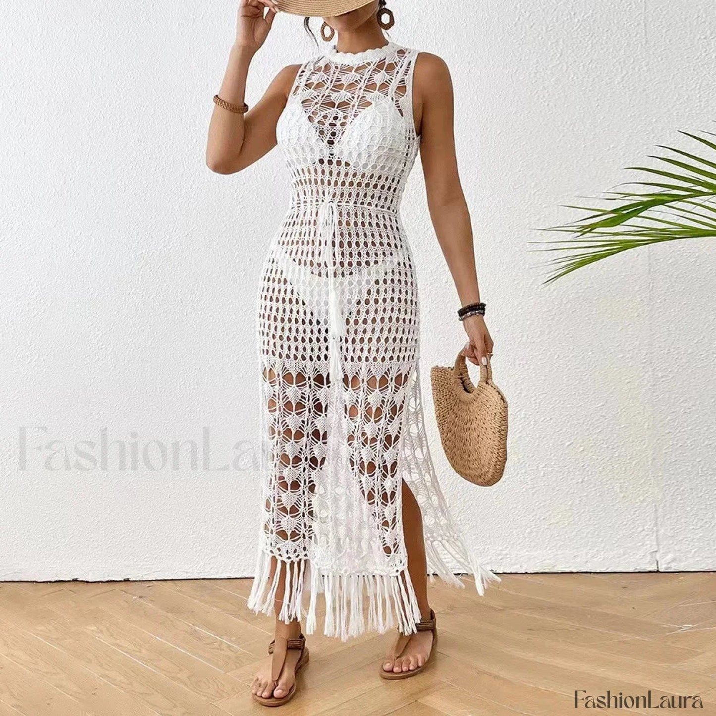 Backless Tassel Solid Dress Cover Up WHITE / One Size