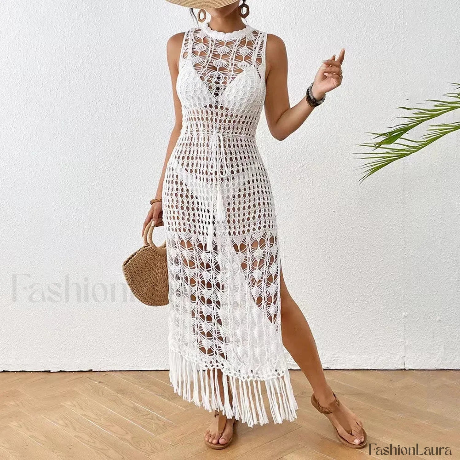 Backless Tassel Solid Dress Cover Up WHITE / One Size