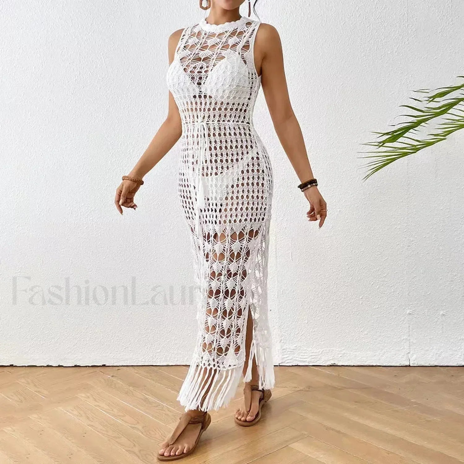 Backless Tassel Solid Dress Cover Up WHITE / One Size