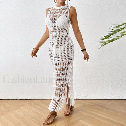 Backless Tassel Solid Dress Cover Up WHITE / One Size