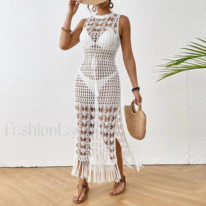 Backless Tassel Solid Dress Cover Up WHITE / One Size
