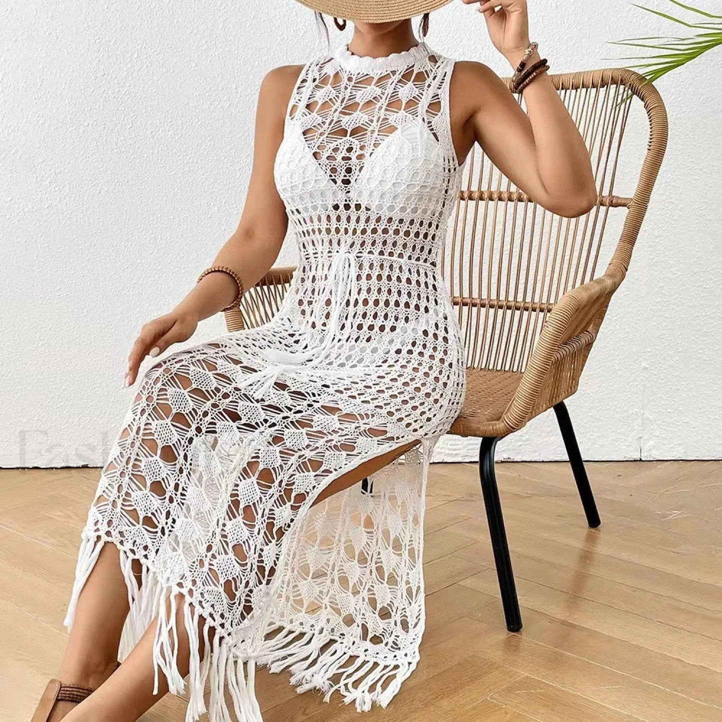 Backless Tassel Solid Dress Cover Up WHITE / One Size