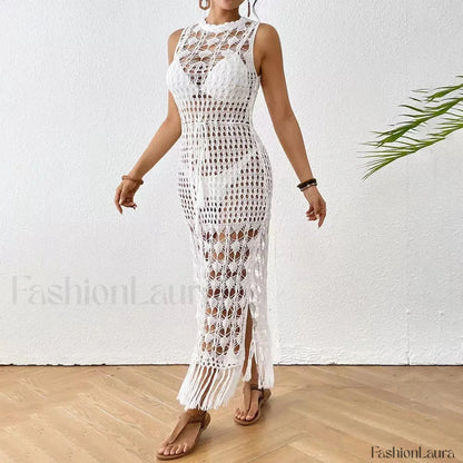 Backless Tassel Solid Dress Cover Up WHITE / One Size