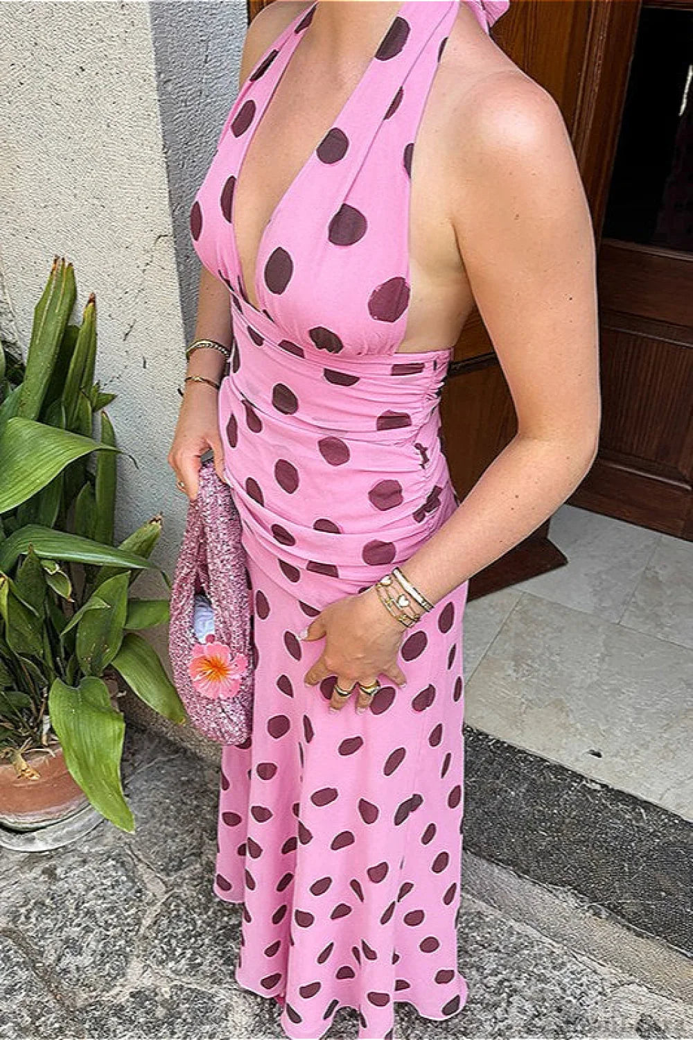 Backless Tie Waist Polka Dot Maxi Dress