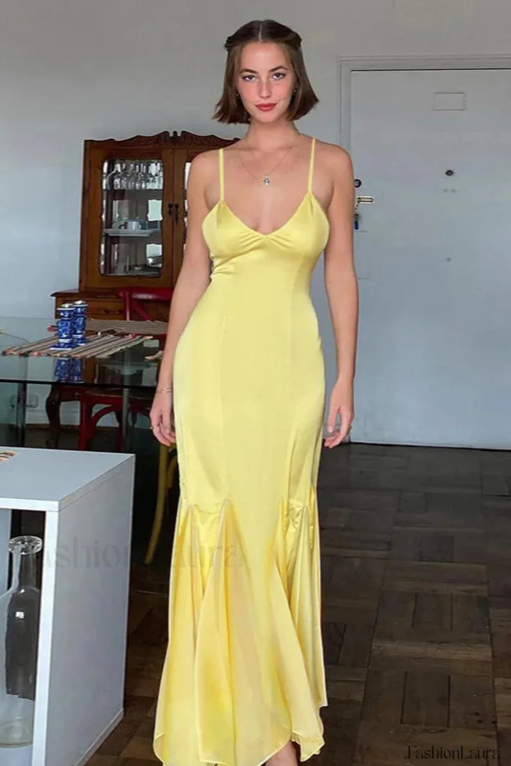 Backless Waist Slim Lotus French Temperament Suspender Maxi Dress Yellow / S