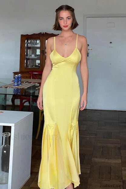 Backless Waist Slim Lotus French Temperament Suspender Maxi Dress Yellow / S