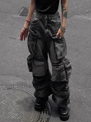Baggy Y2K Goth Cyber Pants for Halloween Look Black / S