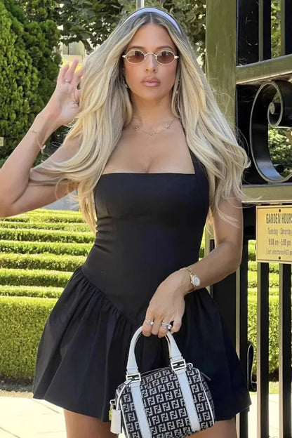 Ballet Style A Line Fluffy Neck Mini Dress Black / S