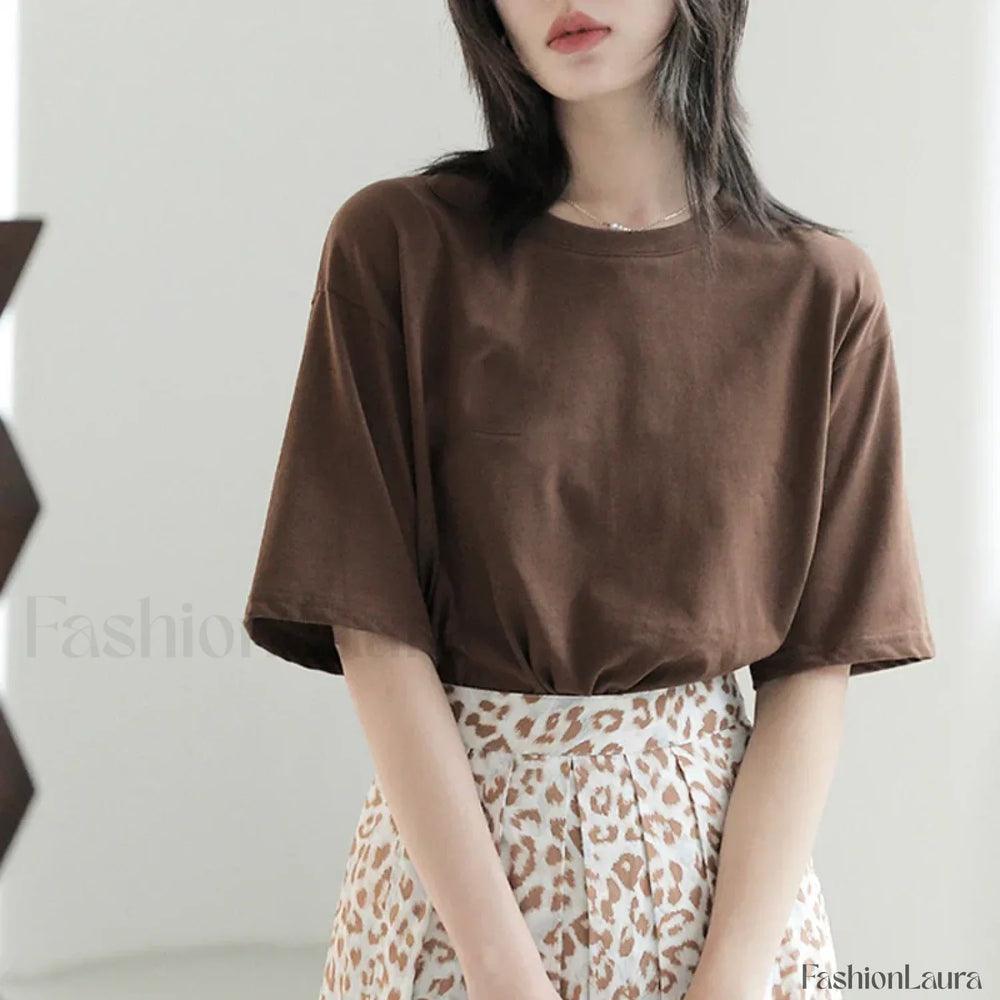 Basic Cotton Loose T Shirt Brown / M