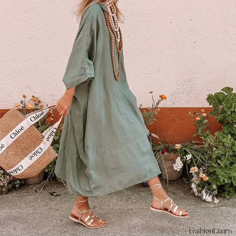 Bat Sleeve Hemp Boho Dress Green / S