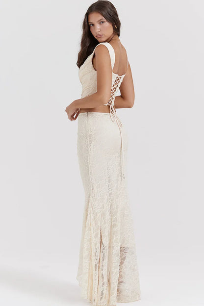 Elegant Lace Up Crop Top & Maxi Skirt Boho Dress