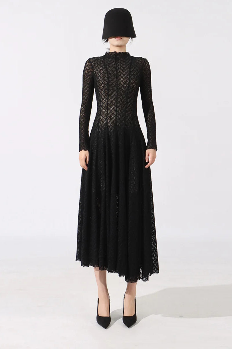 Hollow Out Mesh High Collar Slim Fit Maxi Dress