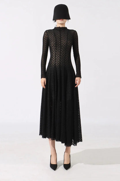 Hollow Out Mesh High Collar Slim Fit Maxi Dress