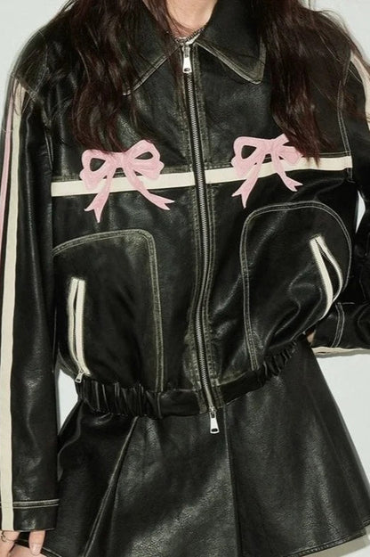 Bow Decor Faux Leather Moto Jacket