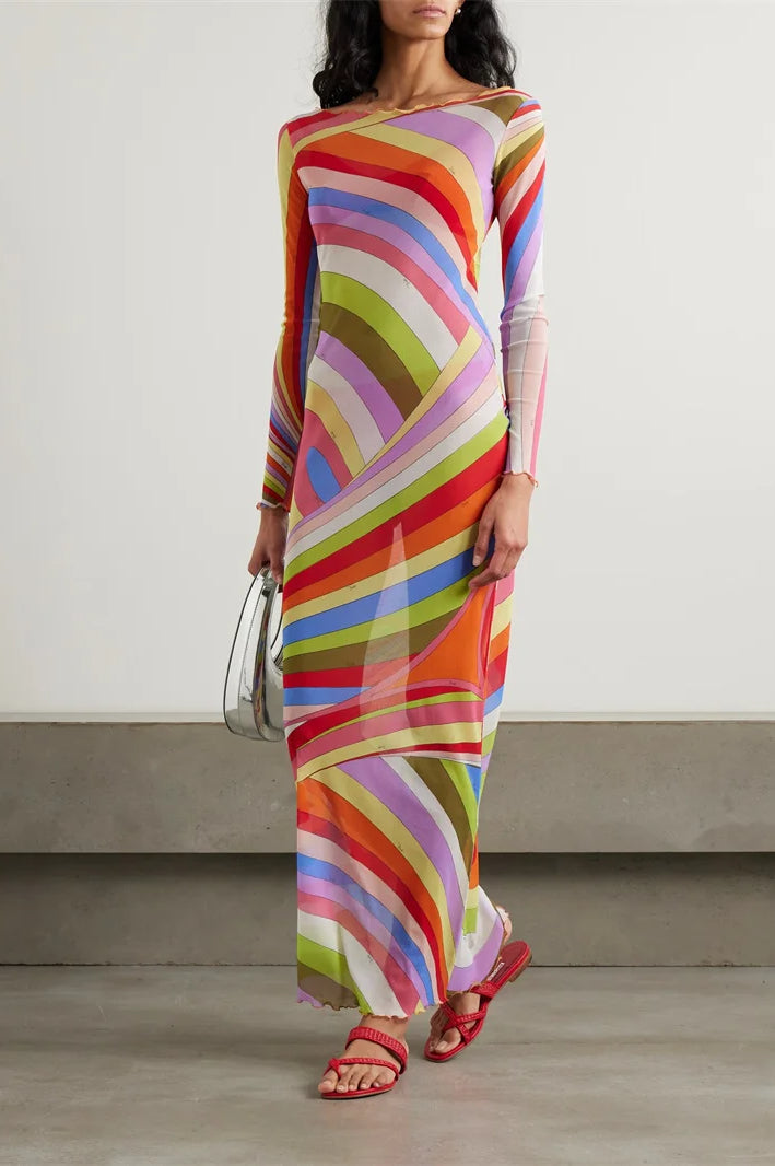 Striped Print Mesh See-Through Patchwork Maxi Dress