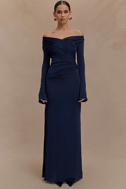 V Neck Long Sleeve Ruched High Waist Maxi Dress