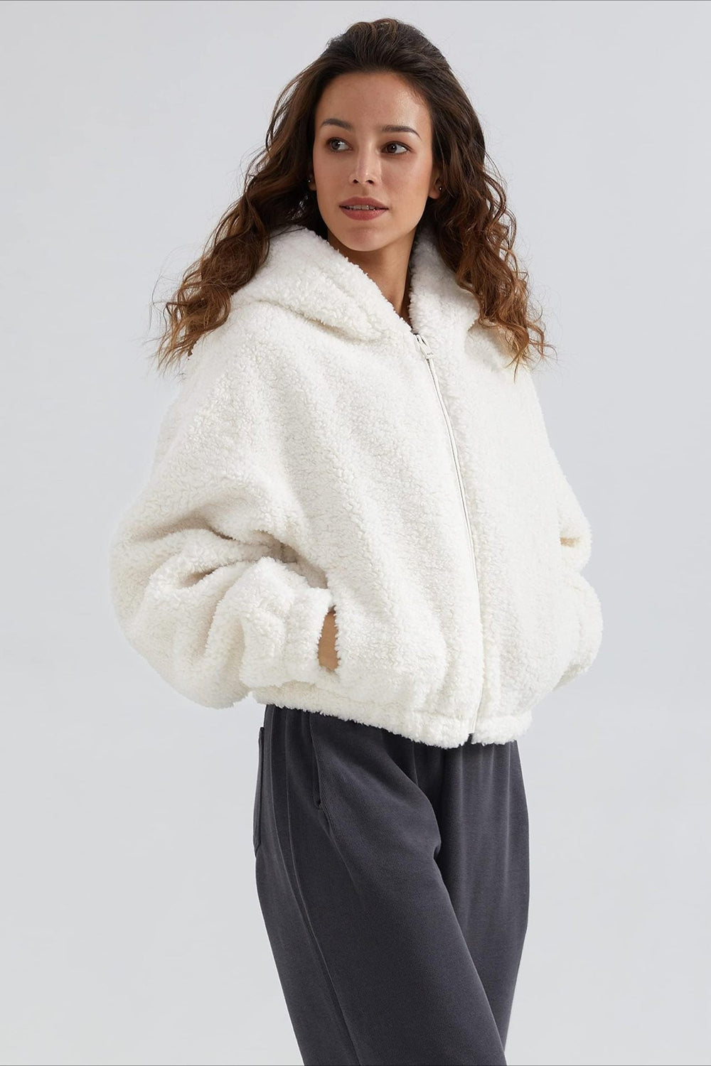 Fuzzy Hooded Zip Short Jacket White / XS