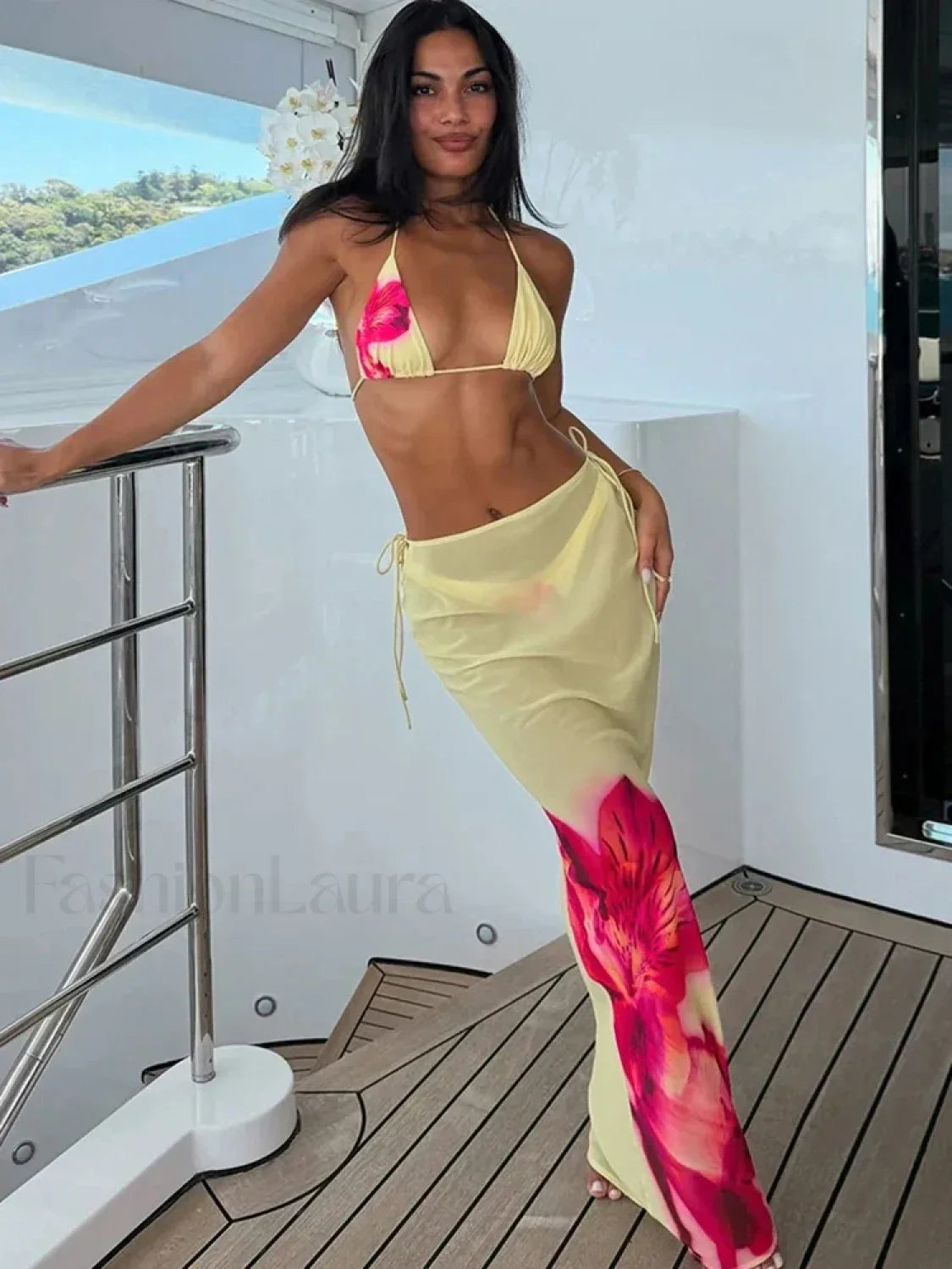 Beach Skirt Backless Three Piece Set Beige / S