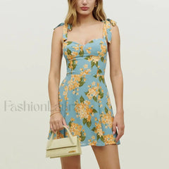 Beach Tie Strap Blue Floral Dress blue / S