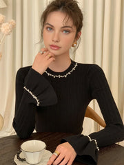 Beaded Decor Ruffle Knit Top Black / XS Knit Tops