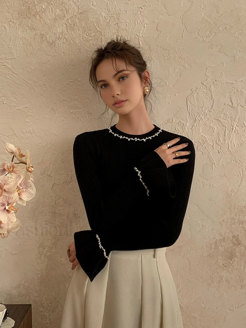 Beaded Decor Ruffle Knit Top Knit Tops