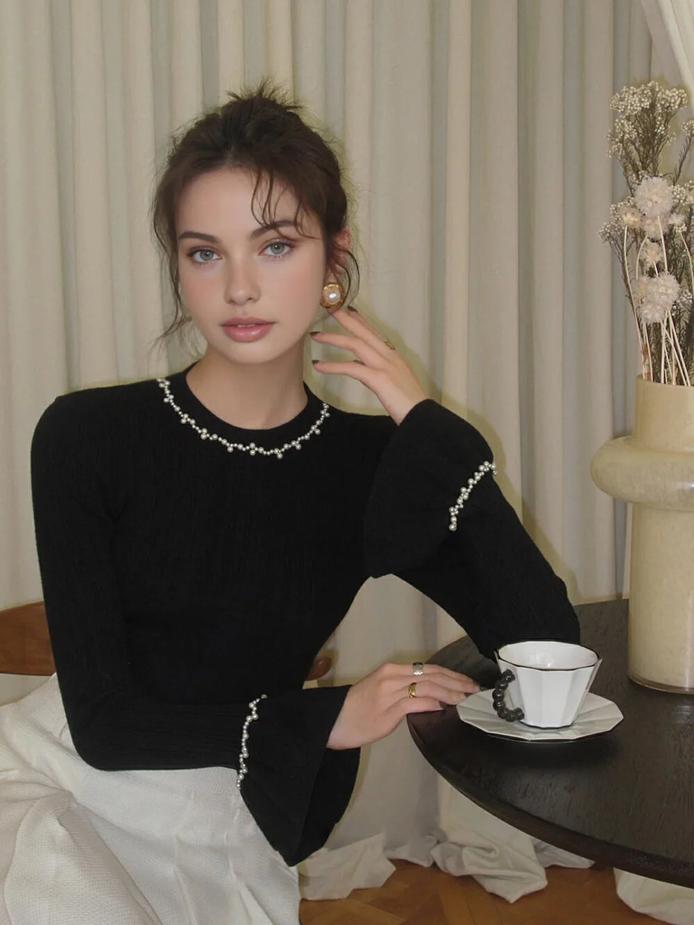 Beaded Decor Ruffle Knit Top Knit Tops