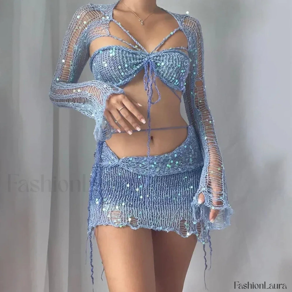 Beaded Knit Set Mini Dress Blue / S