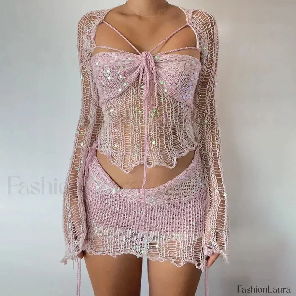 Beaded Knit Set Mini Dress pink / S