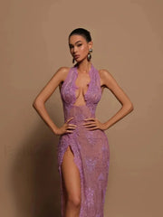 Beaded Lace Split Halter Maxi Dress