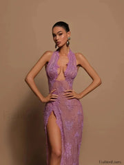 Beaded Lace Split Halter Maxi Dress