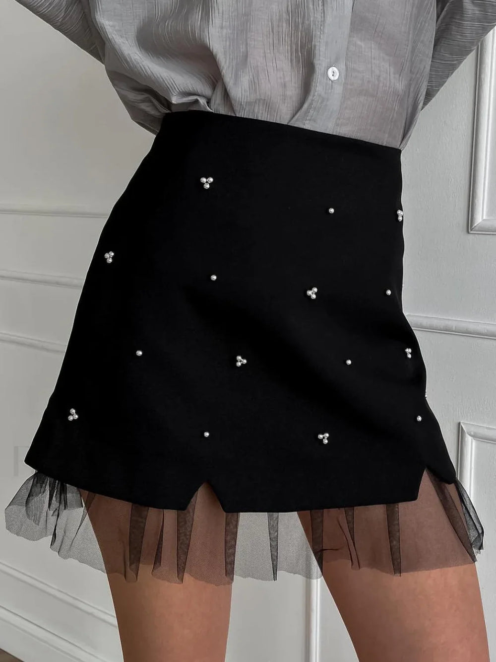 Beaded Tulle Trim A Line Skirt Black / XS Skirts