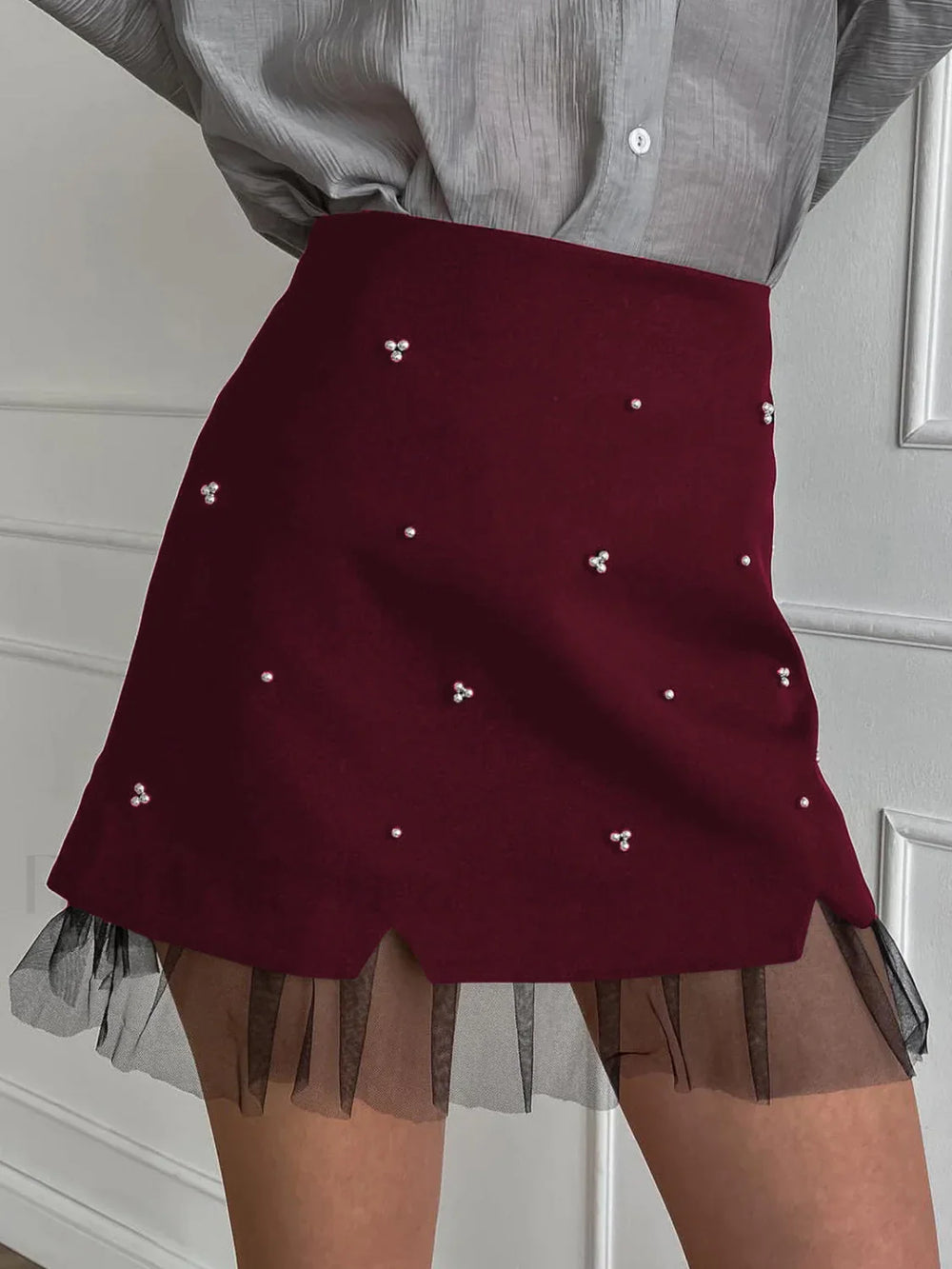 Beaded Tulle Trim A Line Skirt Burgundy / XS Skirts