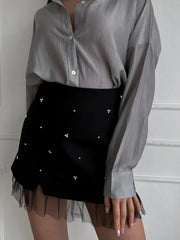 Beaded Tulle Trim A Line Skirt Skirts