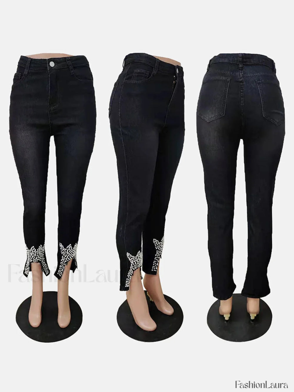 Beading Mid Waist Skinny Jeans Jeans