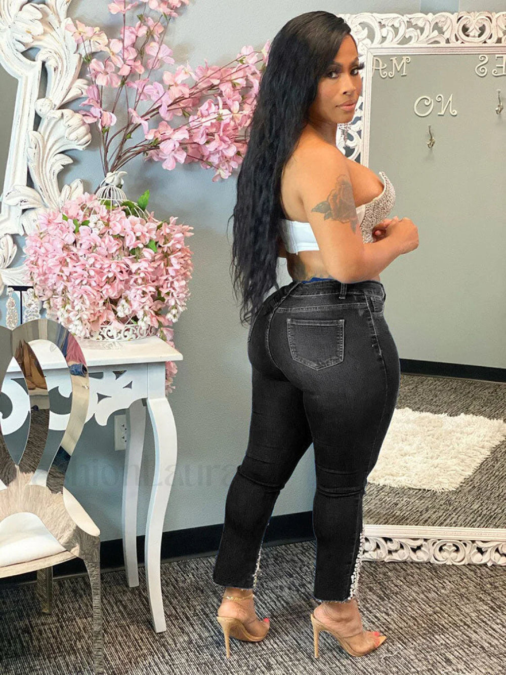 Beading Mid Waist Skinny Jeans Jeans