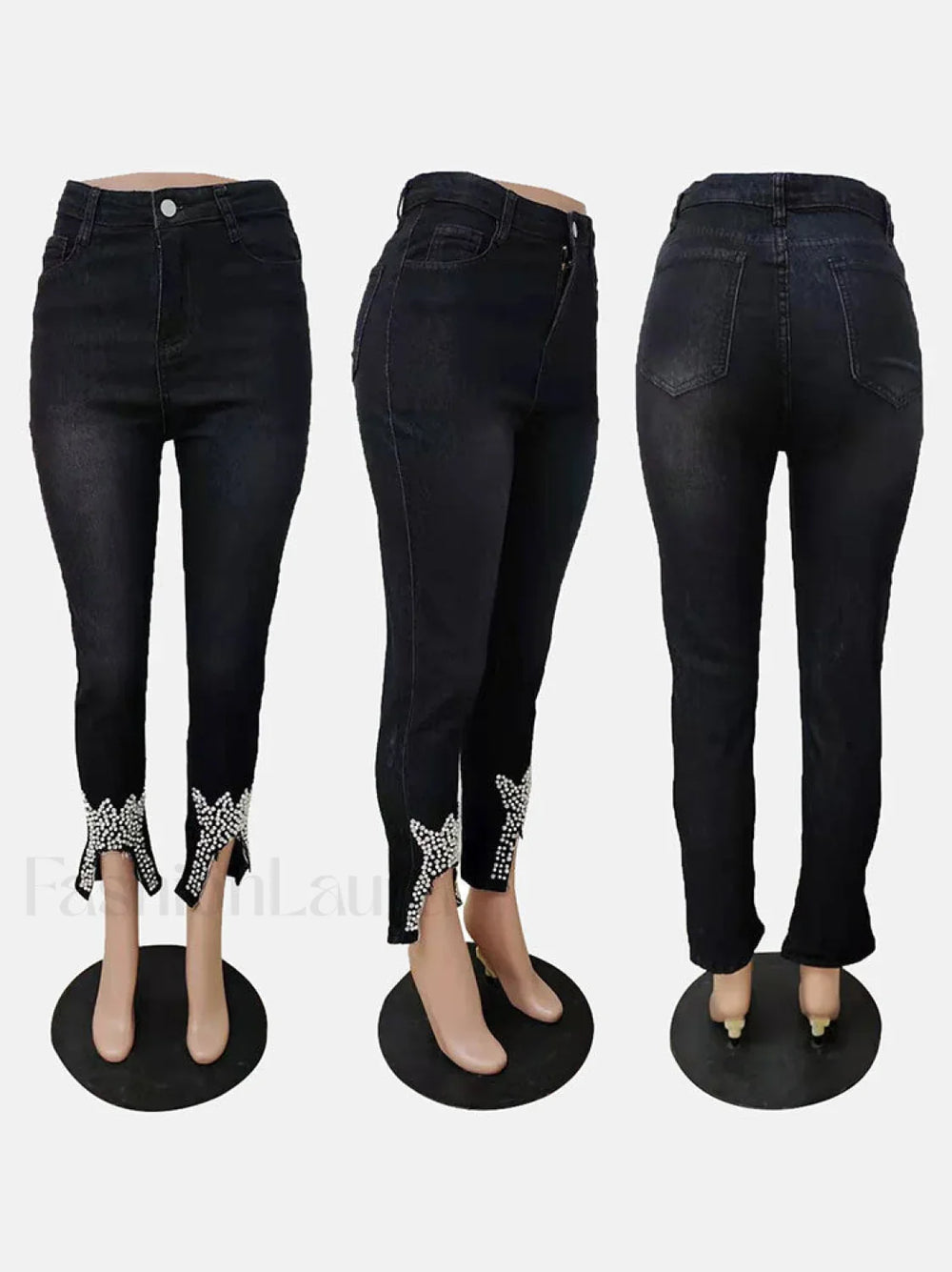 Beading Mid Waist Skinny Jeans Jeans