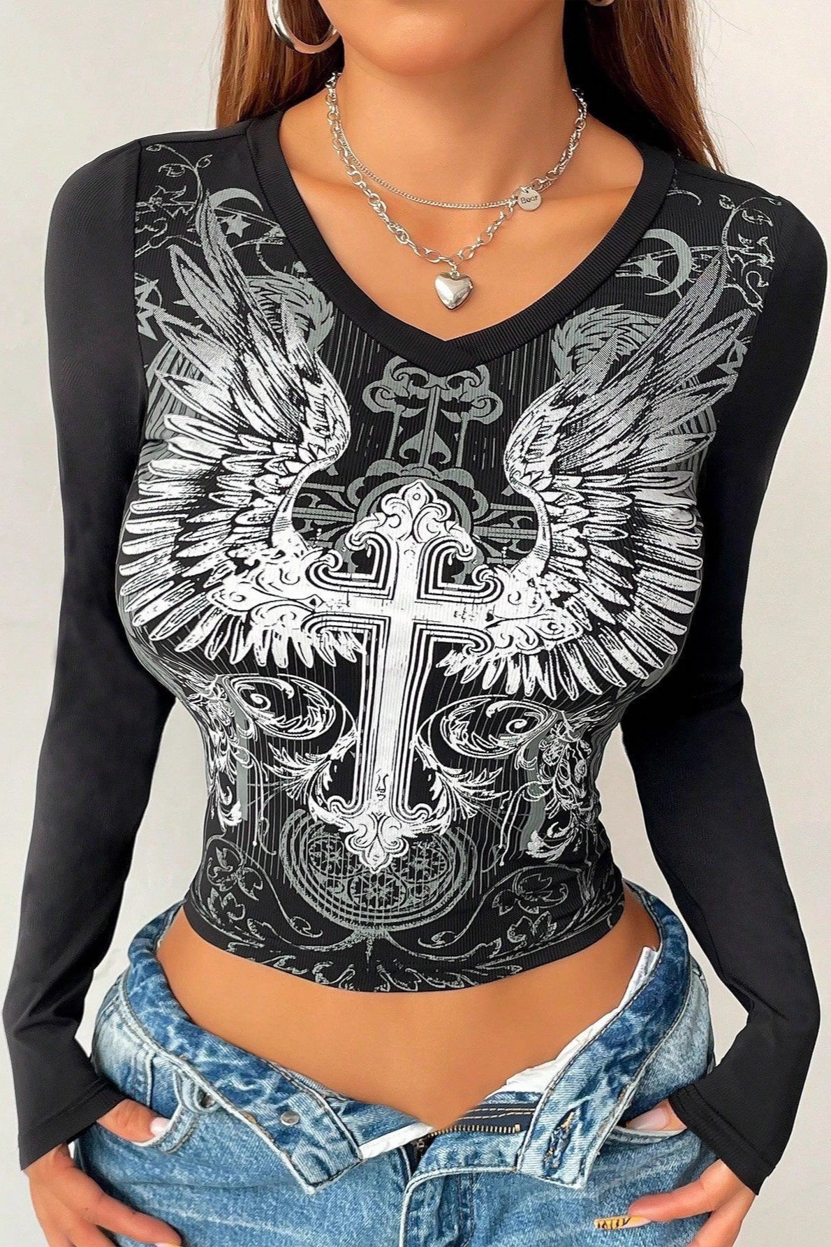 Gothic Wing Print V-Neck T-Shirt