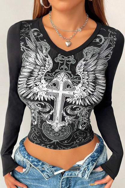 Gothic Wing Print V-Neck T-Shirt