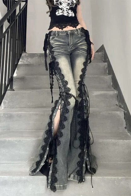 Flare Lace Bandage Denim Jeans Blue / S