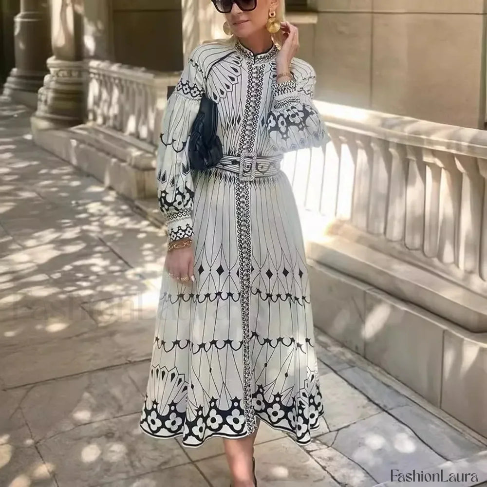 Belted A Line Boho Dress WHITE / S