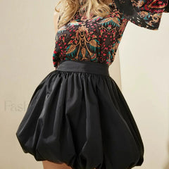 Belted Denim Puffball Skirt Black / S